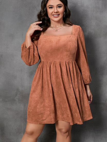 Chestnut Plus Size Suede Square Neck Balloon Sleeve Dress