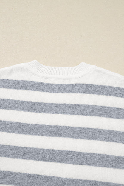 Gray Stripe Ribbed Buttoned Detail Drop Shoulder Tunic Sweater