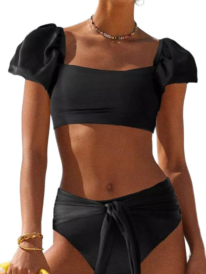 French Romance Black High Waisted Bikini with Puff Sleeves