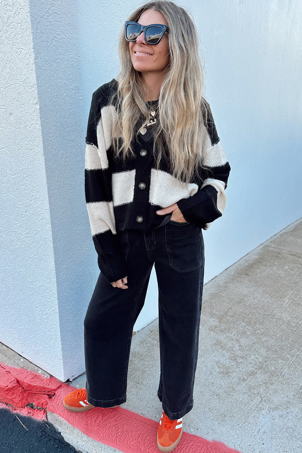 Black Color Block Buttoned V Neck Loose Fit Cardigan