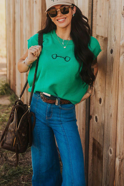 Bright Green Horse Bit Embroidered Loose Short Sleeve Sweater