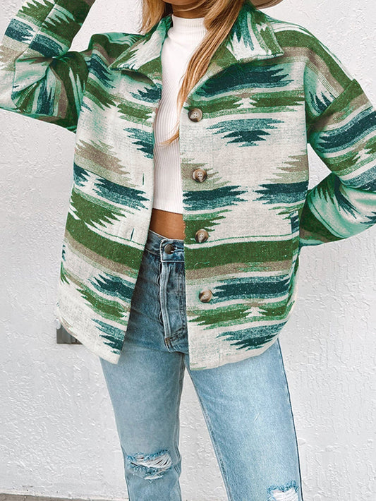 Green Aztec Print Button Front Shacket with Long Sleeves
