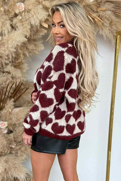 Burgundy Heart Valentine Pattern Mock Neck Baggy Sweater