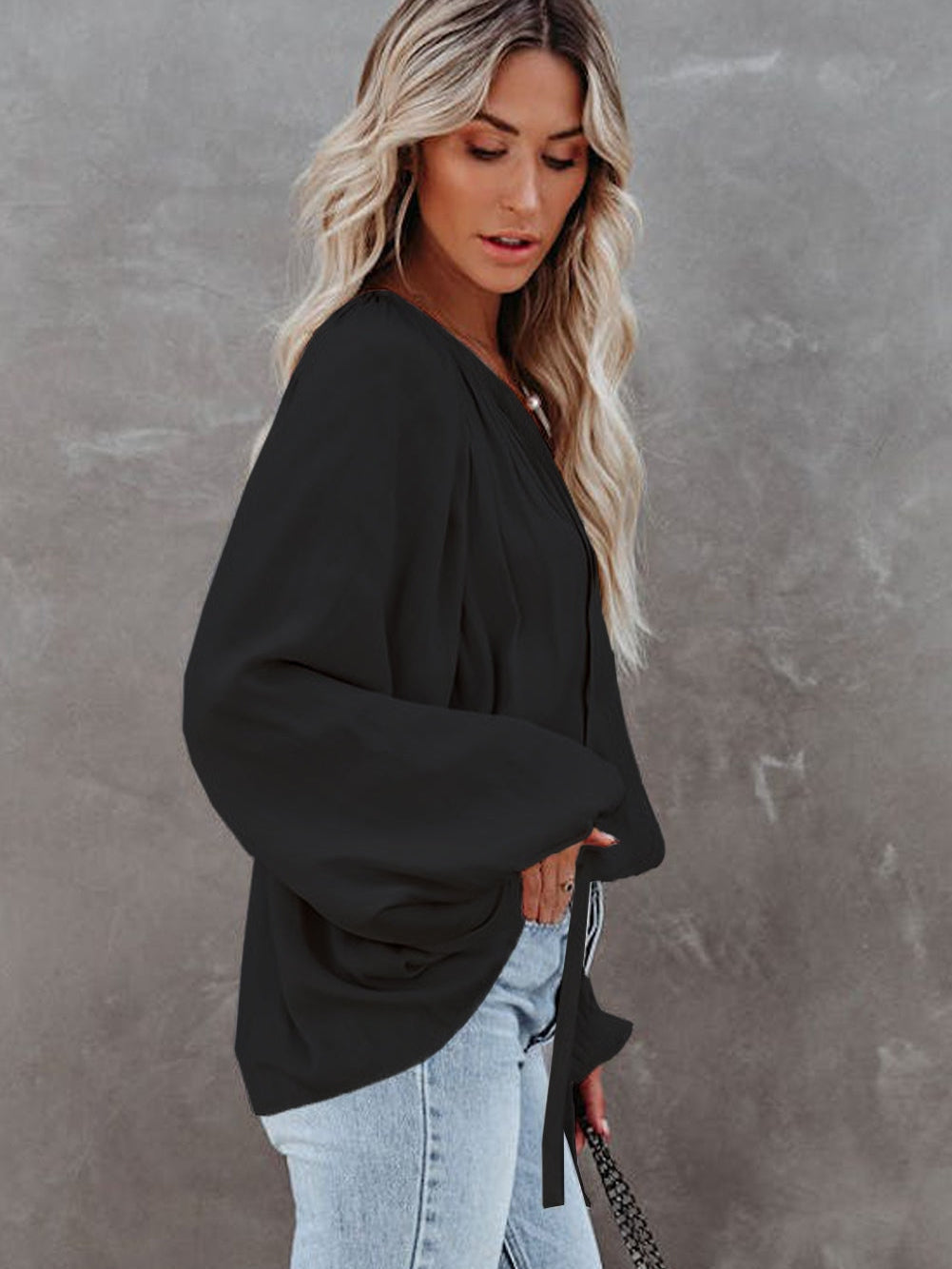 Elegant Black Satin V Neck Pleated Puff Sleeve Blouse