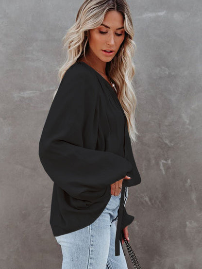 Elegant Black Satin V Neck Pleated Puff Sleeve Blouse