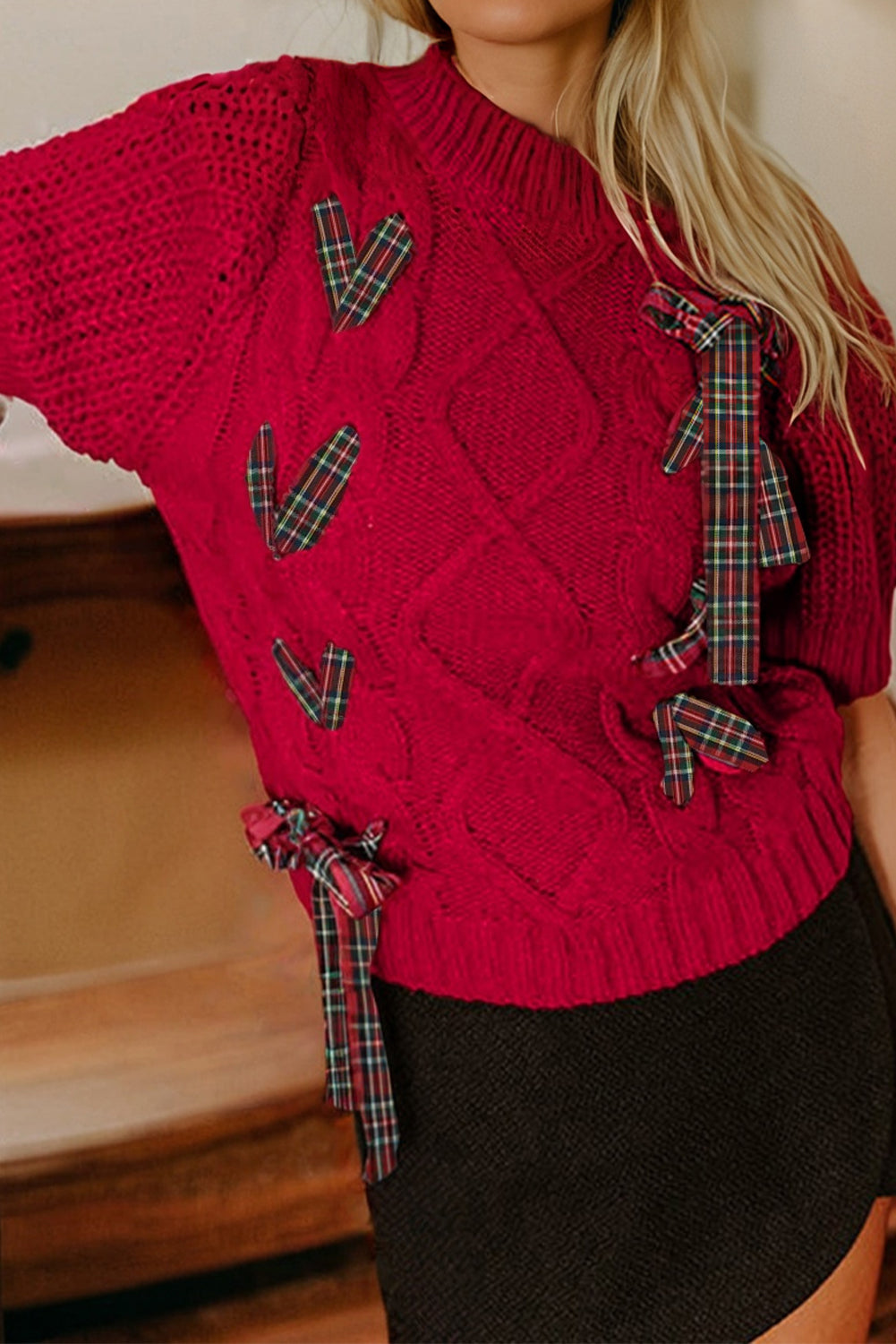 Fiery Red Plaid Lace up Detail Christmas Holiday Puff Short Sleeve Sweater