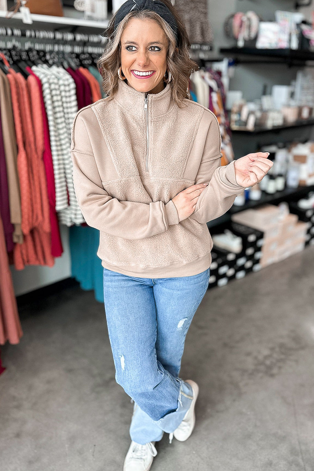 Jet Stream Solid Color Sherpa Patchwork Quarter Zip Pullover Sweatshirt