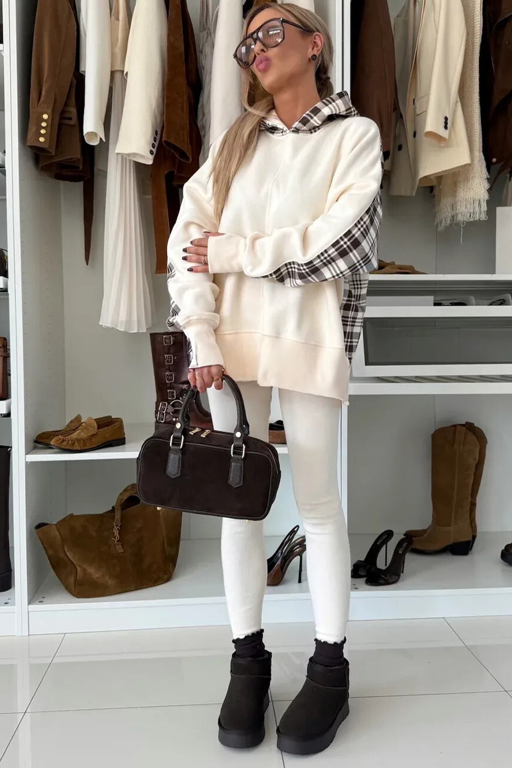 Beige Plaid Patchwork Side Slit Sweatshirt