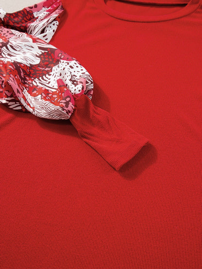 Festive Red Animal Print Lantern Sleeve Patchwork Top