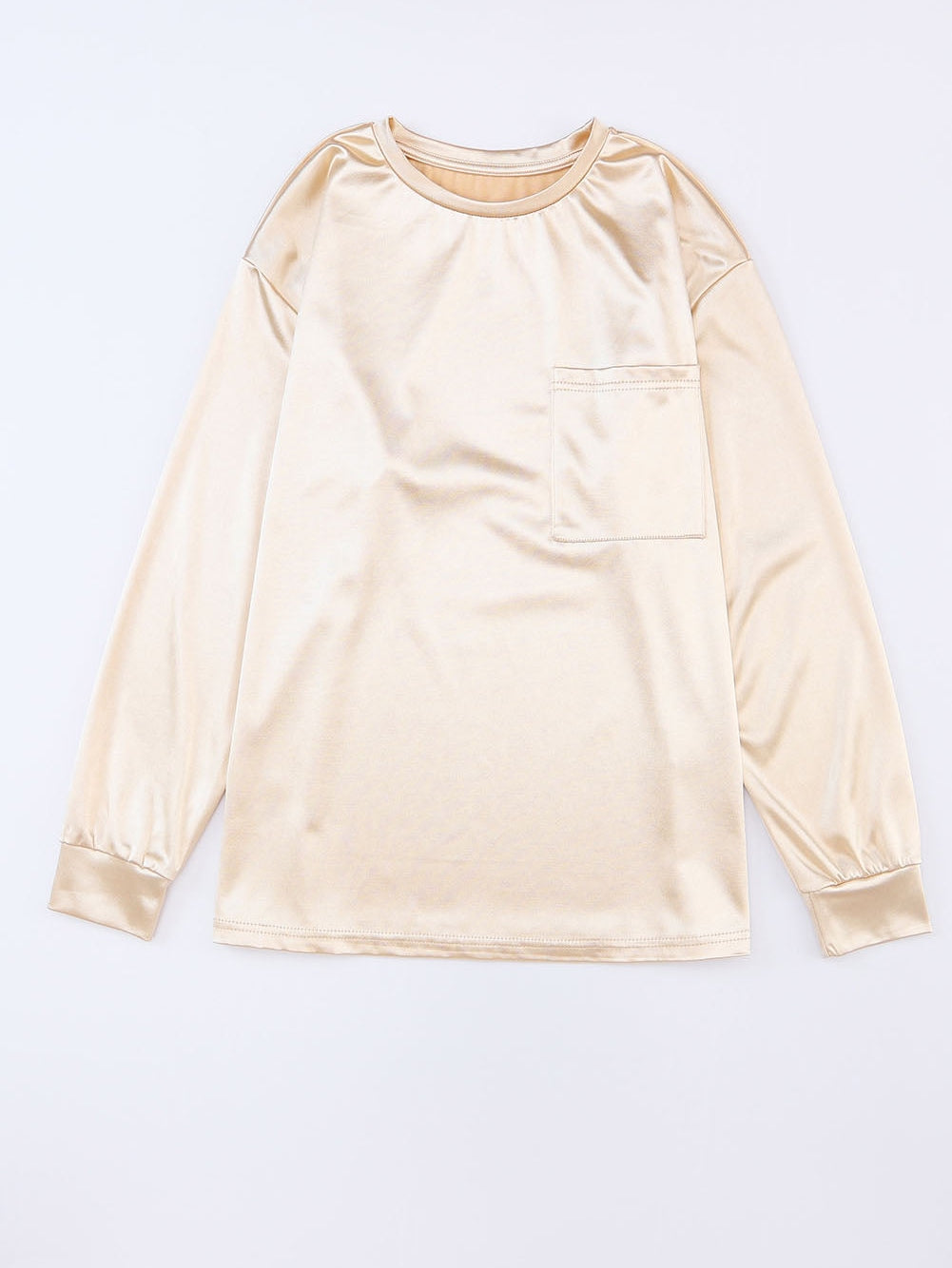 Glittery Apricot Satin Long Sleeve Top with Chest Pocket