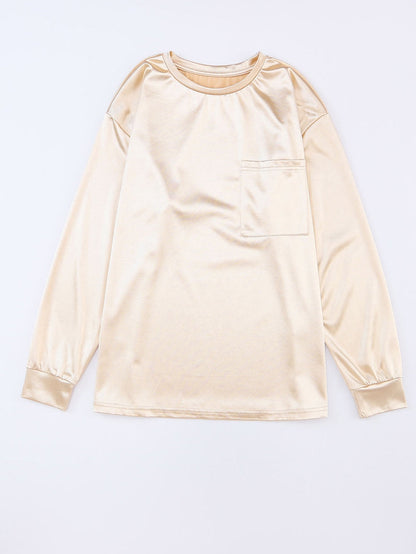 Glittery Apricot Satin Long Sleeve Top with Chest Pocket