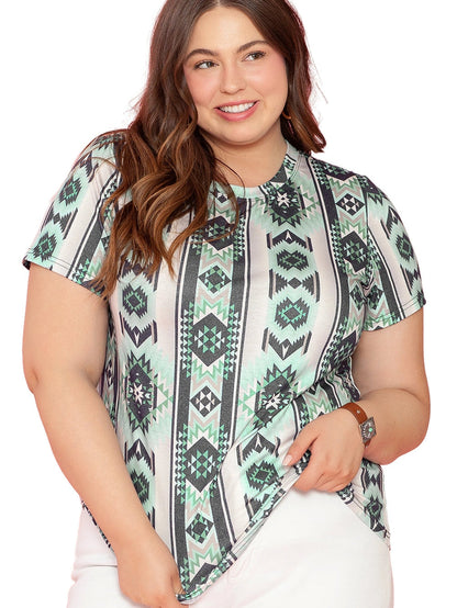 Green Geometric Retro Print Plus Size Tee