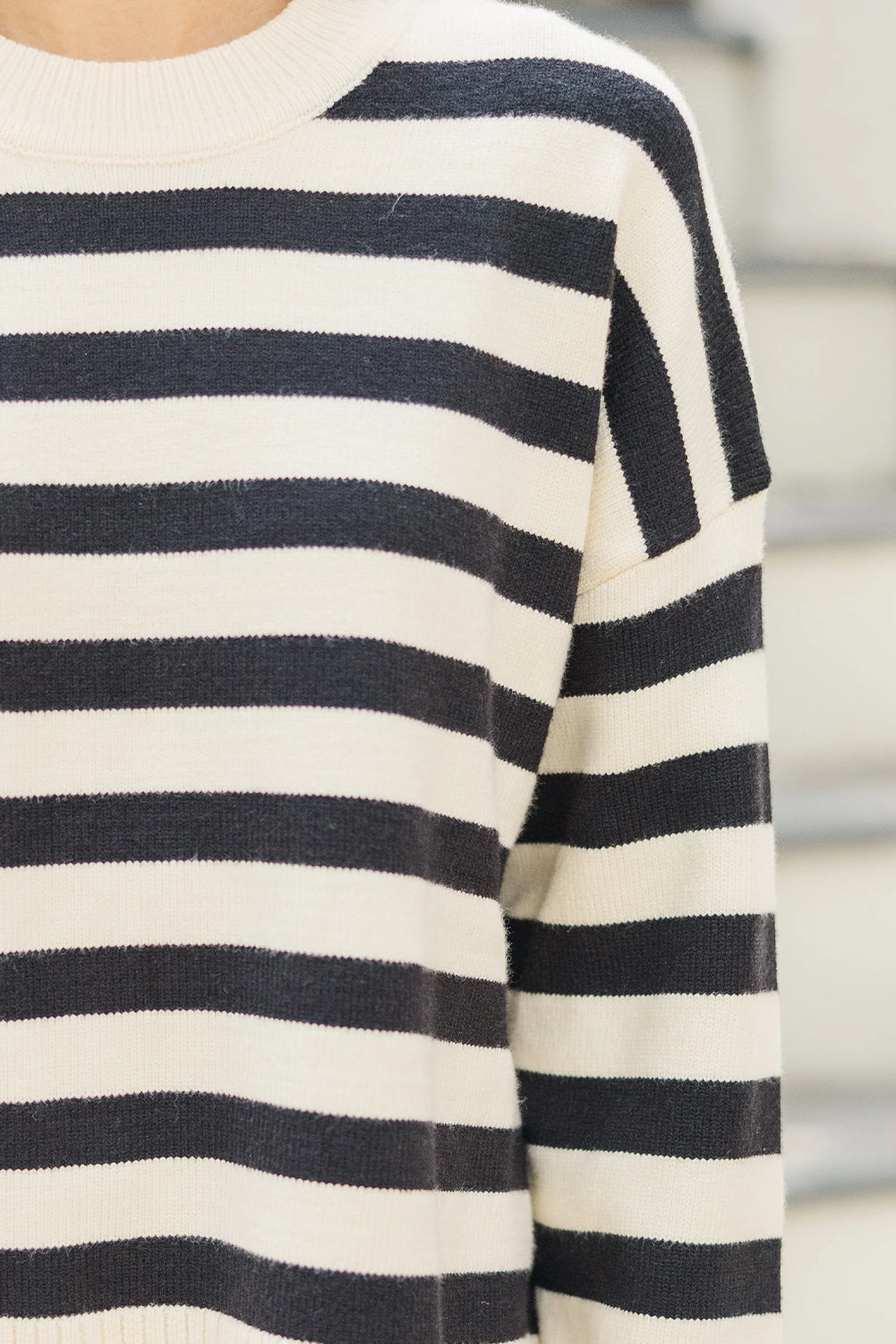 Black Stripe Ribbed Buttoned Detail Drop Shoulder Tunic Sweater