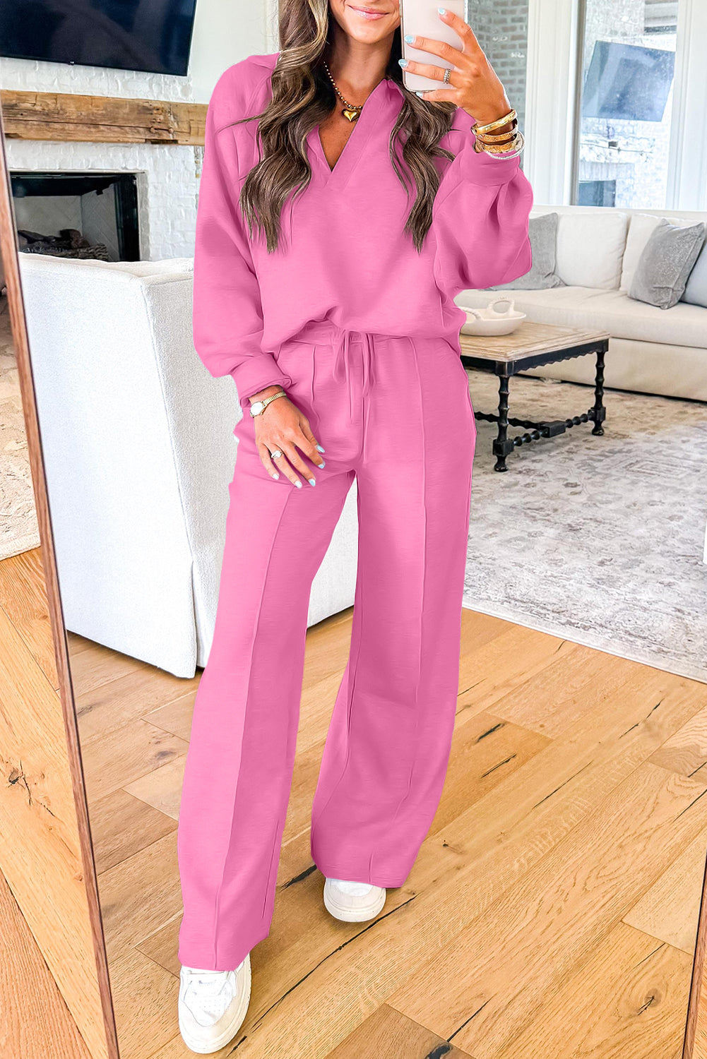 Bright Pink Polo Collar V Neck Pullover and Drawstring Sweatpants Set