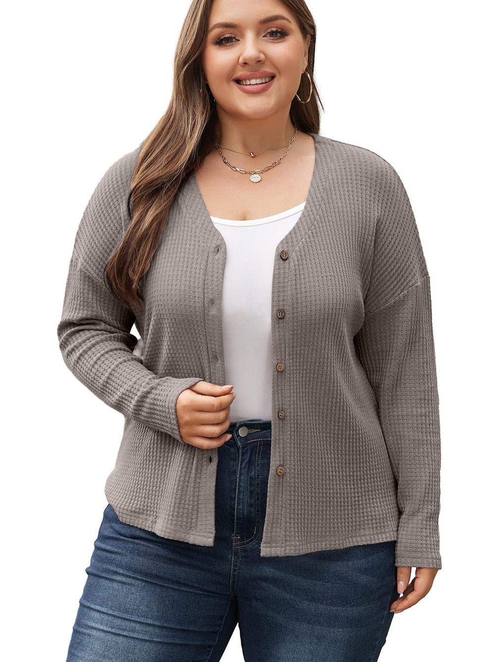 Simply Taupe Waffle Knit Drop Shoulder Button V Neck Plus Size Top
