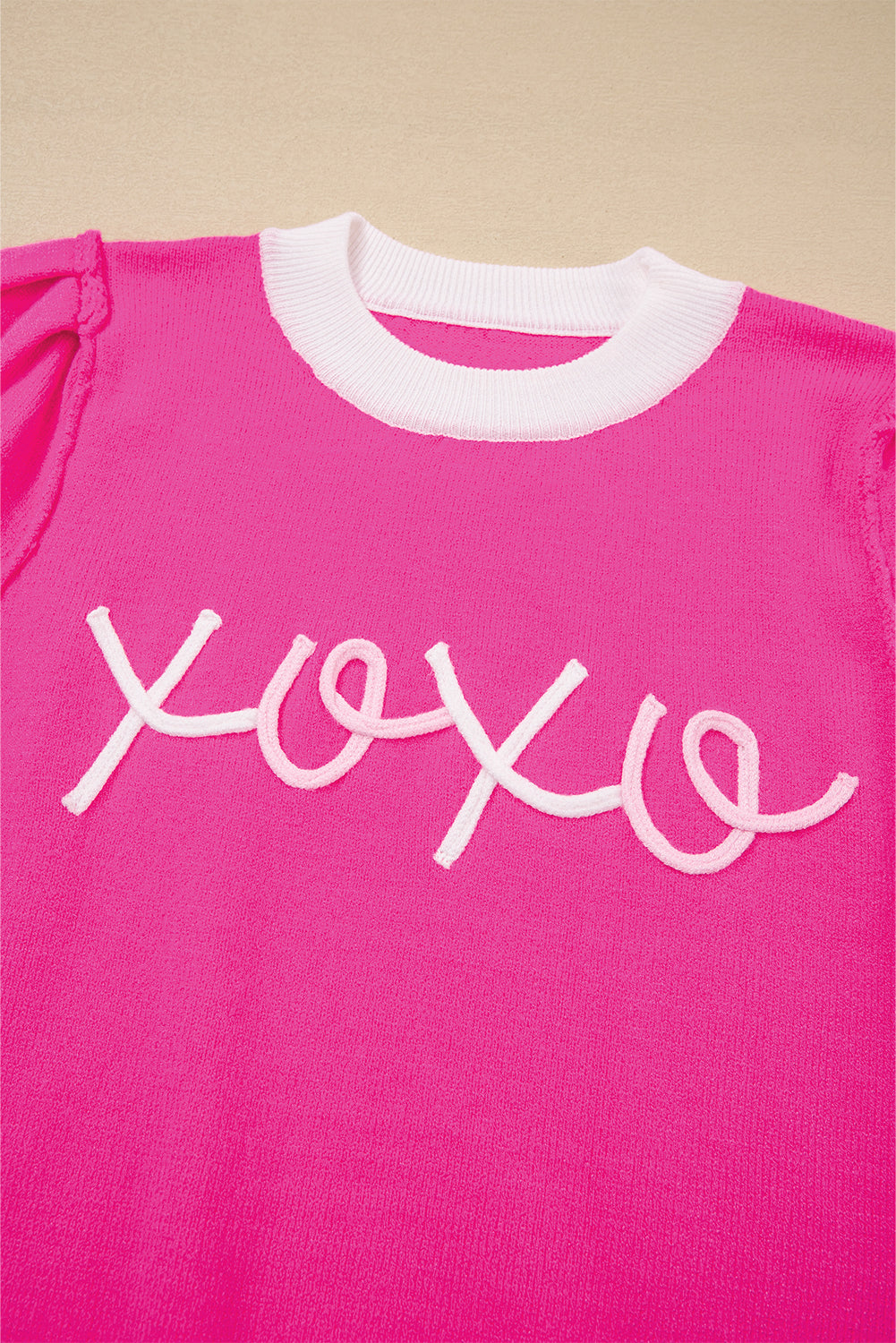 Bright Pink XOXO Tinsel Graphic Valentines Contrast Trim Crew Neck Short Puff Sleeve Sweater Tee
