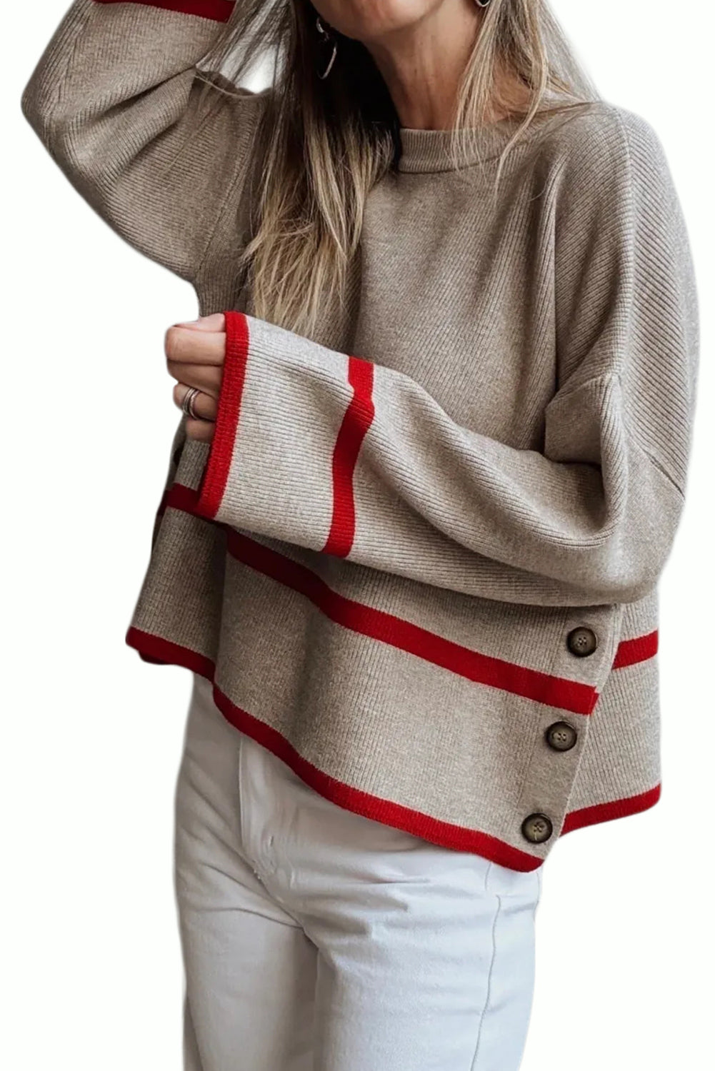 Simply Taupe Ribbed Knit Contrasted Stripe Detail Button Side Loose Sweater