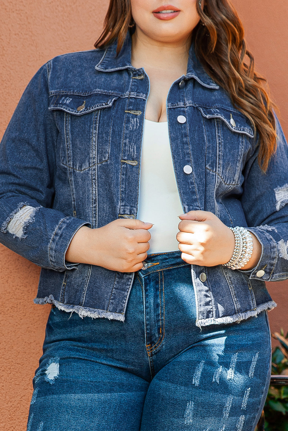 Stylish Plus Size Navy Distressed Denim Shacket