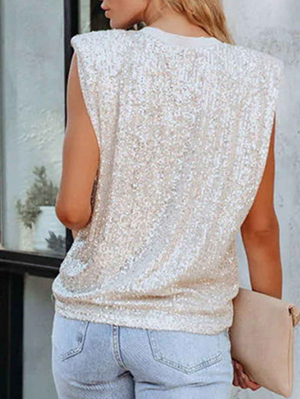 Apricot Sparkle Sleeveless Top with Round Neck