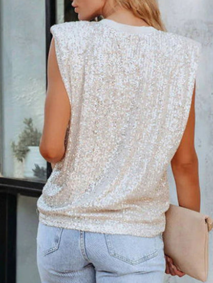 Apricot Sparkle Sleeveless Top with Round Neck