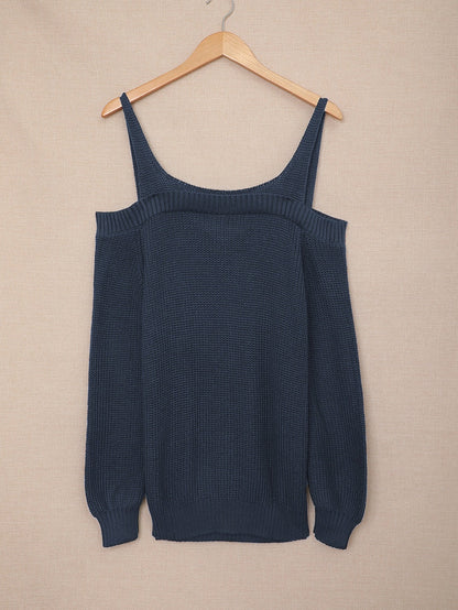 Elegant Navy Cold Shoulder Knit Sweater