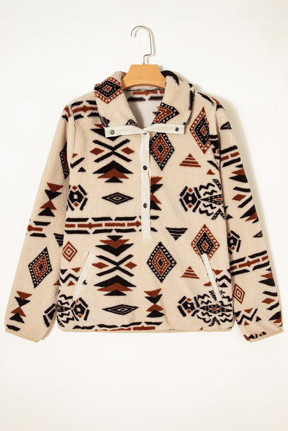 Beige Western Aztec Half Zip Plush Sweatshirt