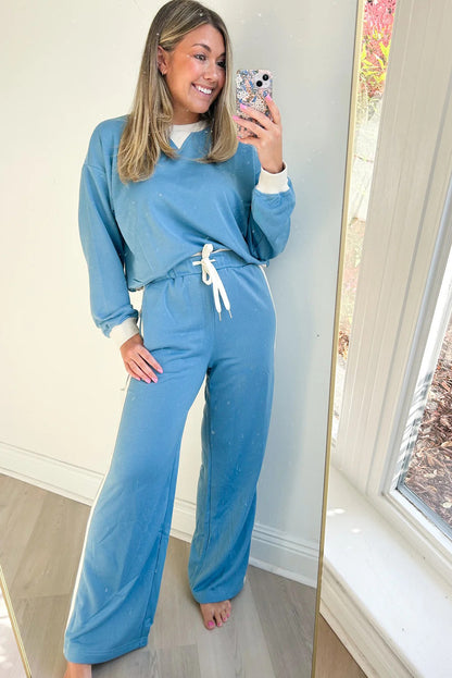 Myosotis Color Block Patchwork Long Sleeve Pullover Varsity Drawstring Pant Set