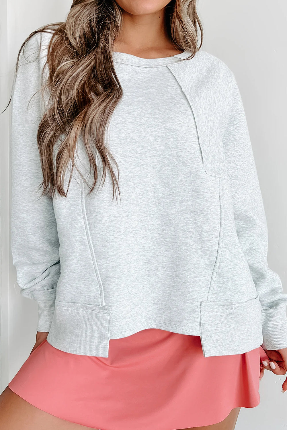 Light Grey Oversized Patch Detailed Uneven Hem Casual Sweatshirt