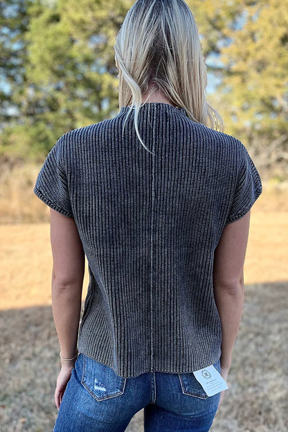 Black Mineral Wash Ribbed Knit Patched Pocket Short Sleeve Loose Sweater