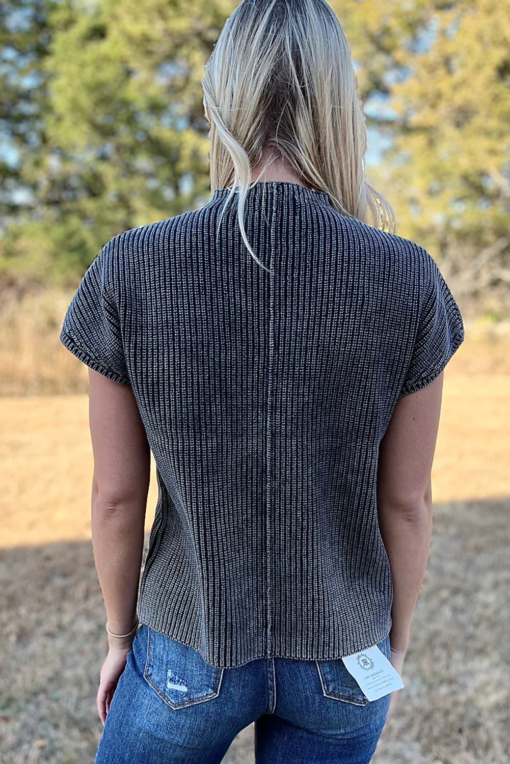 Black Mineral Wash Ribbed Knit Patched Pocket Short Sleeve Loose Sweater