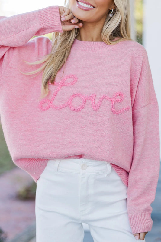 Pink Corded Love Script Graphic Baggy Sweater