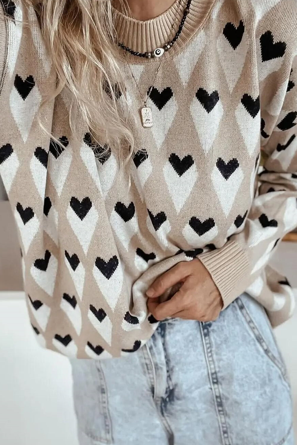 Parchment Geometric Heart Print Ribbed Trim Loose Sweater