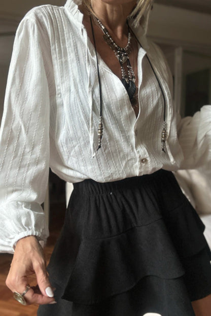 White Striped Jacquard Tie Split Neck Long Puff Sleeve Shirt