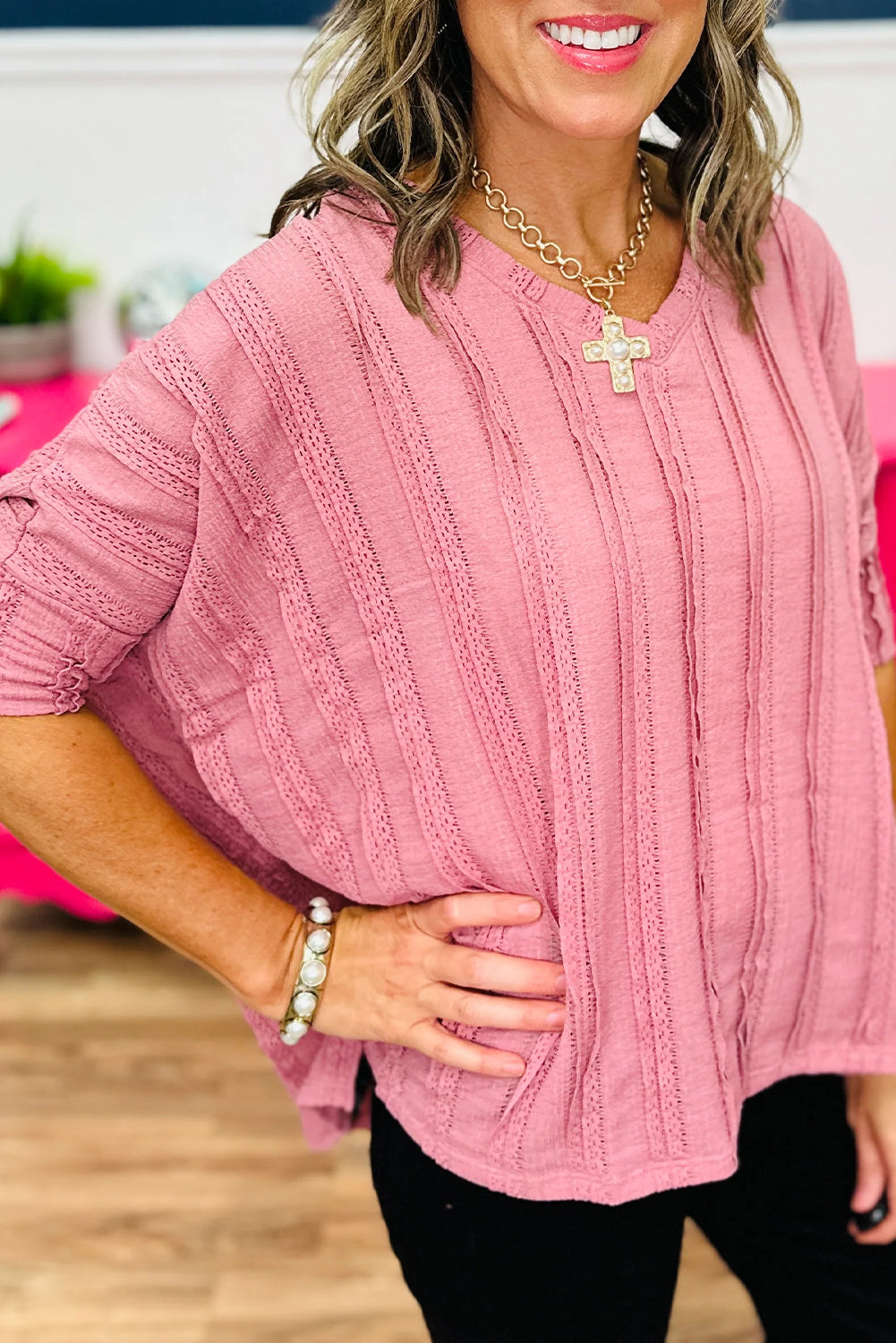 Peach Blossom Lacy Striped Texture 3/4 Sleeve Dolman Blouse