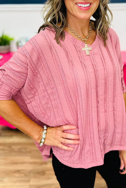 Peach Blossom Lacy Striped Texture 3/4 Sleeve Dolman Blouse