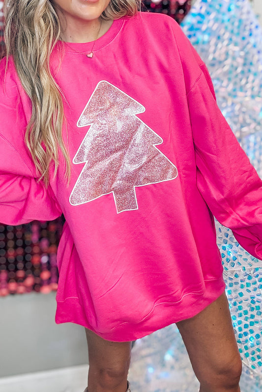 Rose Red Christmas Tree Print Oversize Tunic Sweatshirt