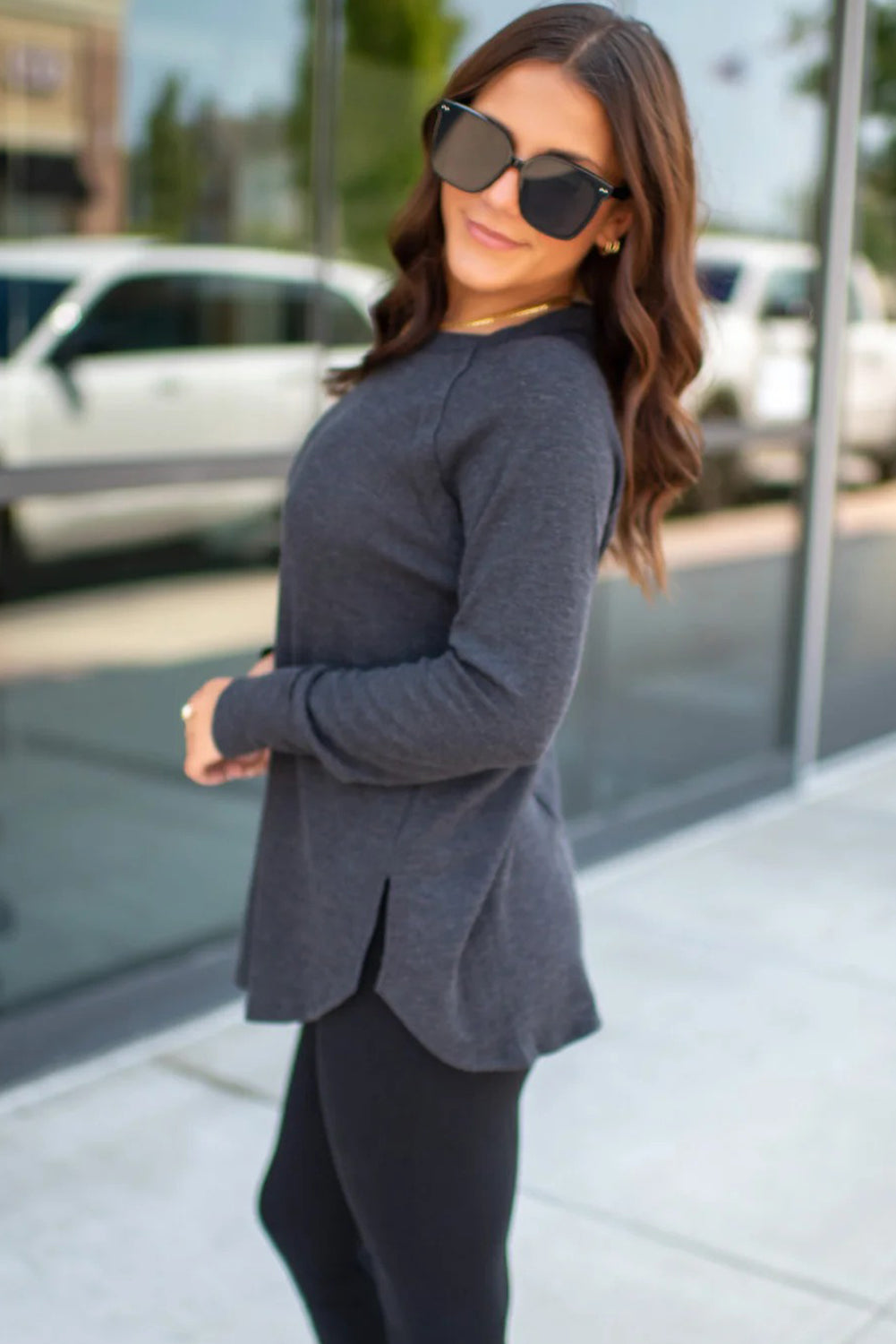 Dark Grey Solid Color Thermal Knit Exposed Seam Raglan Sleeve Top