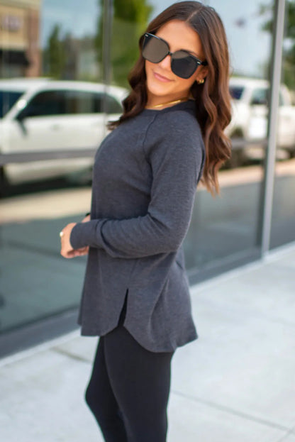 Dark Grey Solid Color Thermal Knit Exposed Seam Raglan Sleeve Top