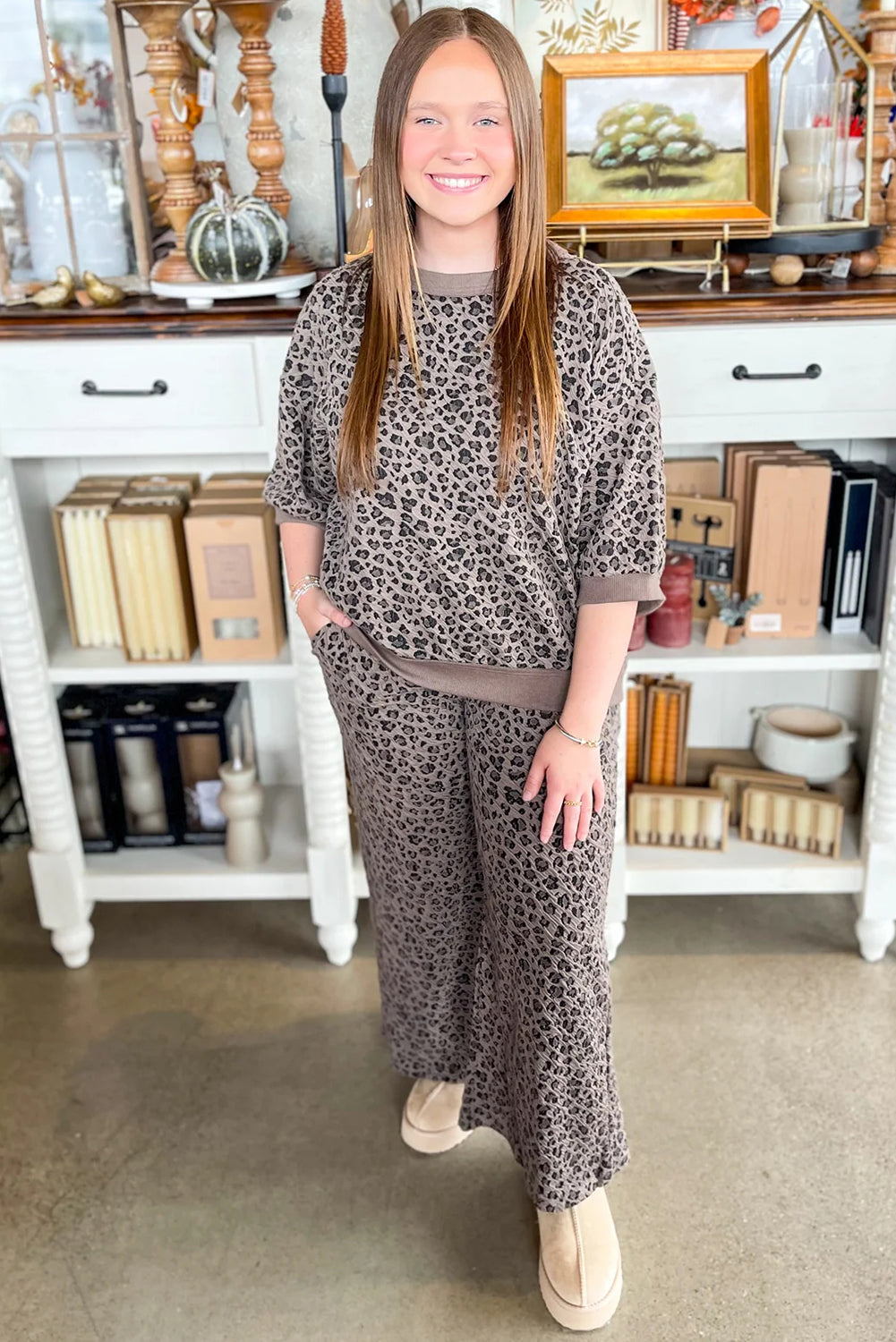 Khaki Leopard Ribbed Patchwork Long Sleeve Pullover Wide Leg Pant Set