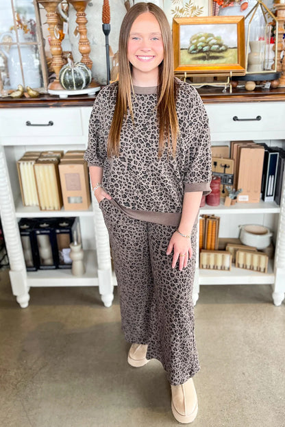 Khaki Leopard Ribbed Patchwork Long Sleeve Pullover Wide Leg Pant Set
