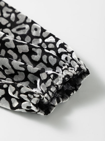 Grey Leopard Velvet Lantern Sleeve Blouse