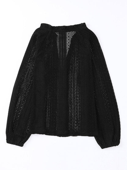 Elegant Black Lace V-Neck Button Up Blouse