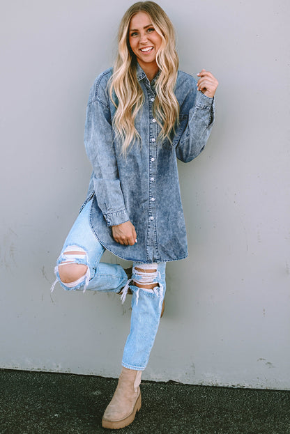Pocket Short Sleeve Denim Slit Shirt Dress