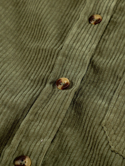 Green Corduroy Button-Up Pocket Blouse