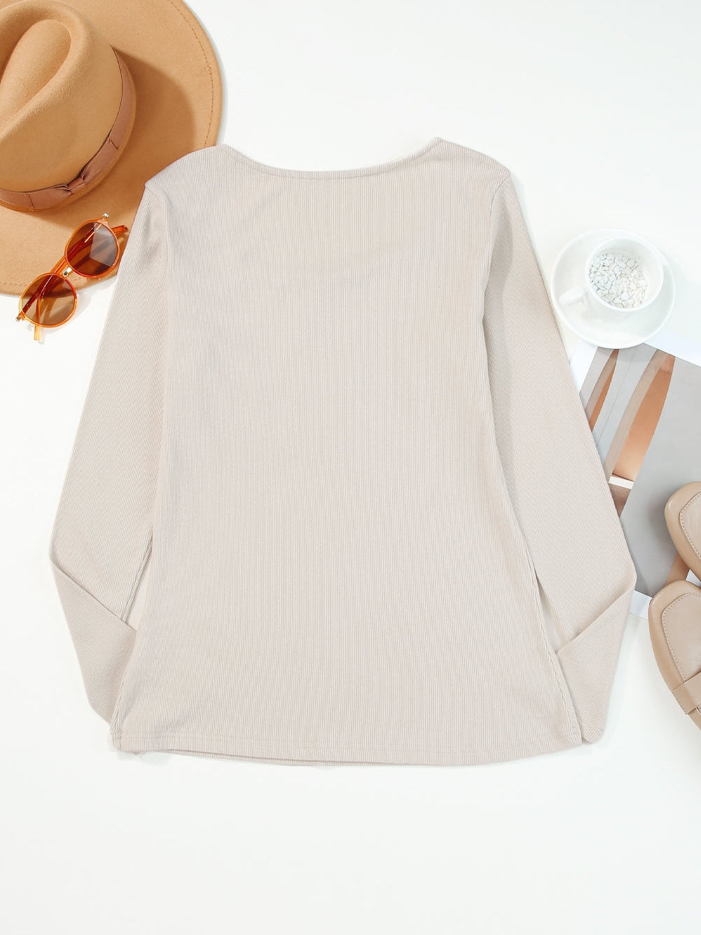 Beige Floral Lace V-Neck Sheath Top with Long Sleeves