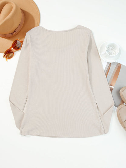 Beige Floral Lace V-Neck Sheath Top with Long Sleeves