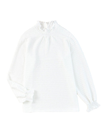 Elegant Textured White Lantern Sleeve Blouse with Smocked High Neck