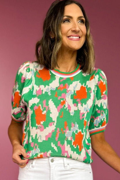 Green Abstract Pattern Knit Contrast Striped Trim Short Sleeve Sweater