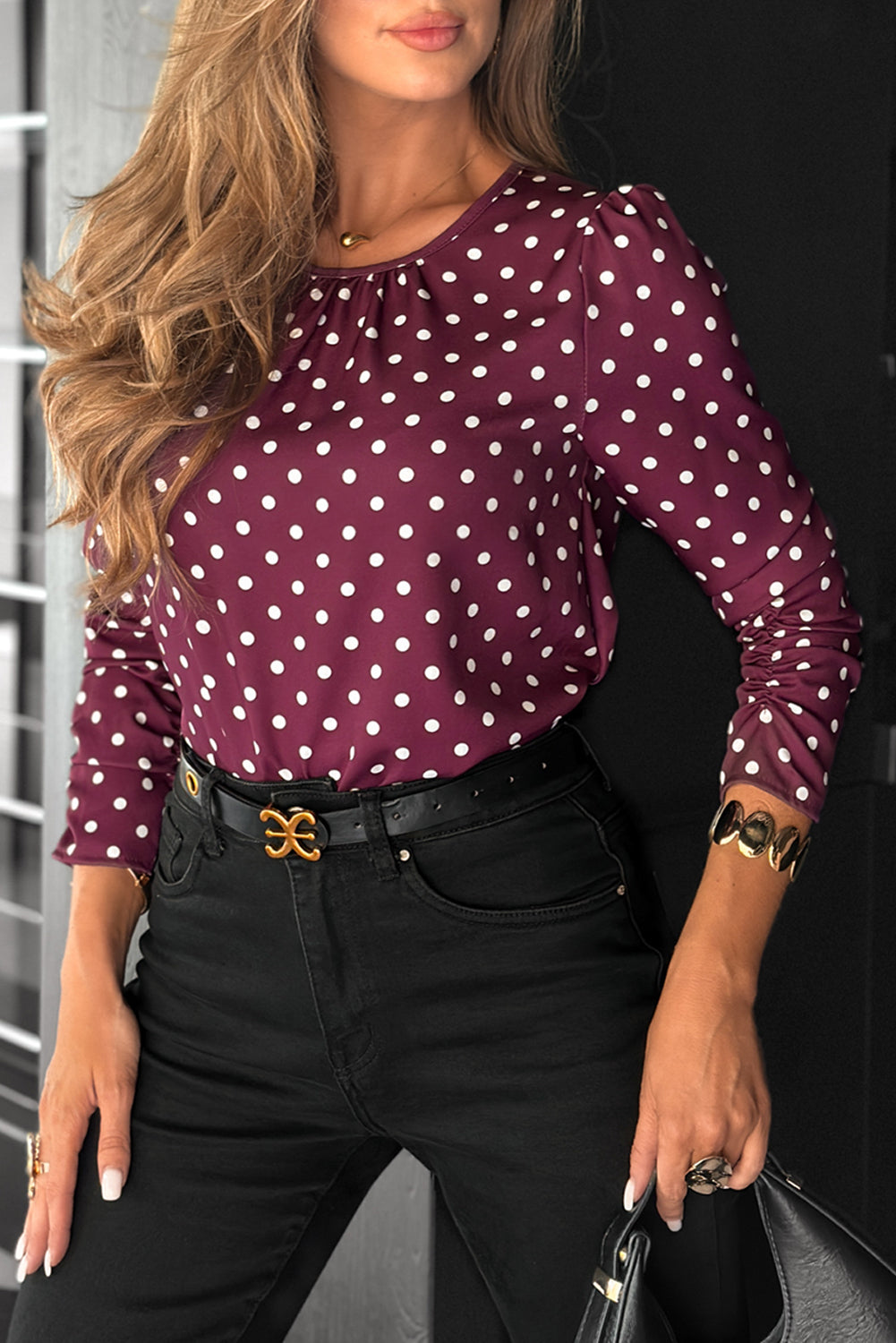 Violet Pleated Round Neck Polka Dot Long Sleeve Blouse