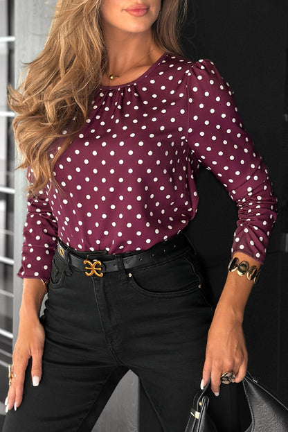 Violet Pleated Round Neck Polka Dot Long Sleeve Blouse